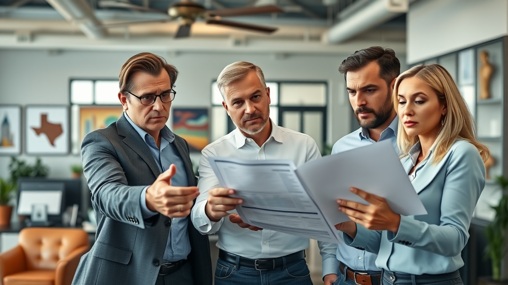 concerned business team in a modern Texas office, analyzing employee retention loss reports with Texas decor