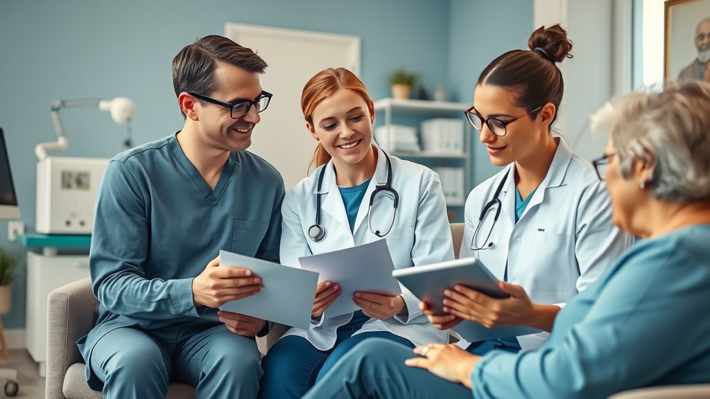 Modern medical team consulting with a patient at home in Dallas, related to enhanced health care DFW TX, photorealistic setting