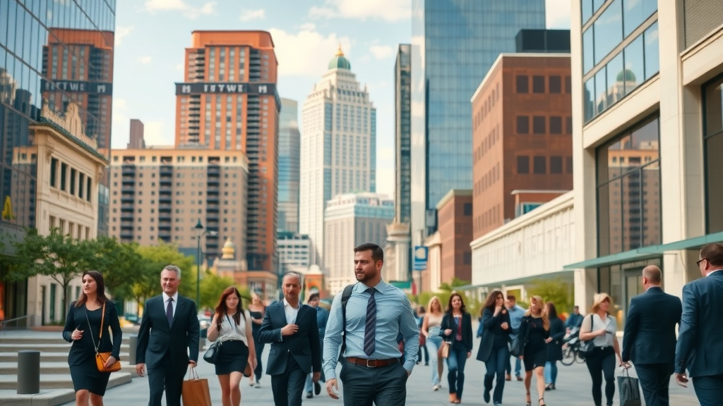 employee retention fort worth tx: vibrant Fort Worth cityscape, business district with professionals interacting, skyline, bustling street, morning sunlight, photorealistic detail