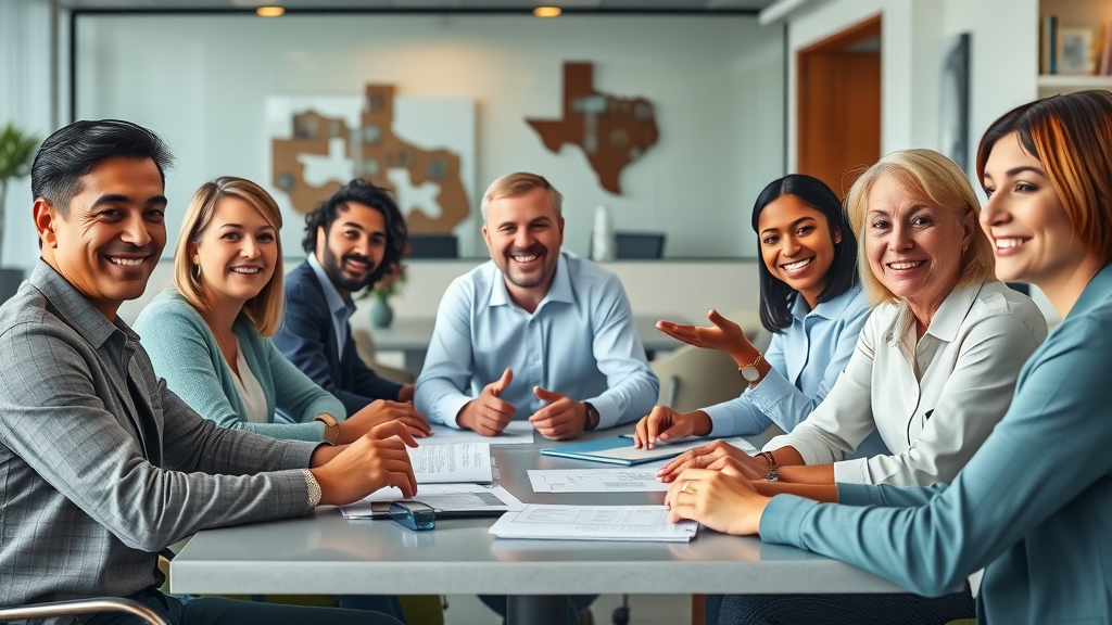 employee retention fort worth tx: diverse employees reviewing health and retirement benefit options, modern office, Texas decor, smiling, engaged, photorealistic