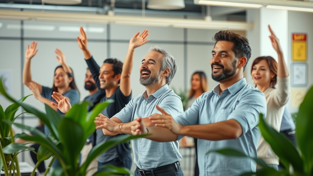 employee retention fort worth tx: relaxed employees participating in a wellness workshop, open office, greenery, engaged, photorealistic