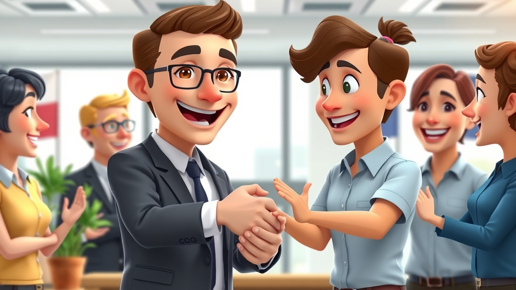 employee relations fort worth: charismatic manager shaking hands with team, friendly cartoon office scene, Texas flags, plants, animated, vibrant colors