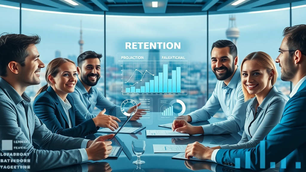 employee retention fort worth tx: forward-thinking business team brainstorming with digital charts, futuristic conference room, high-tech, retention metrics display