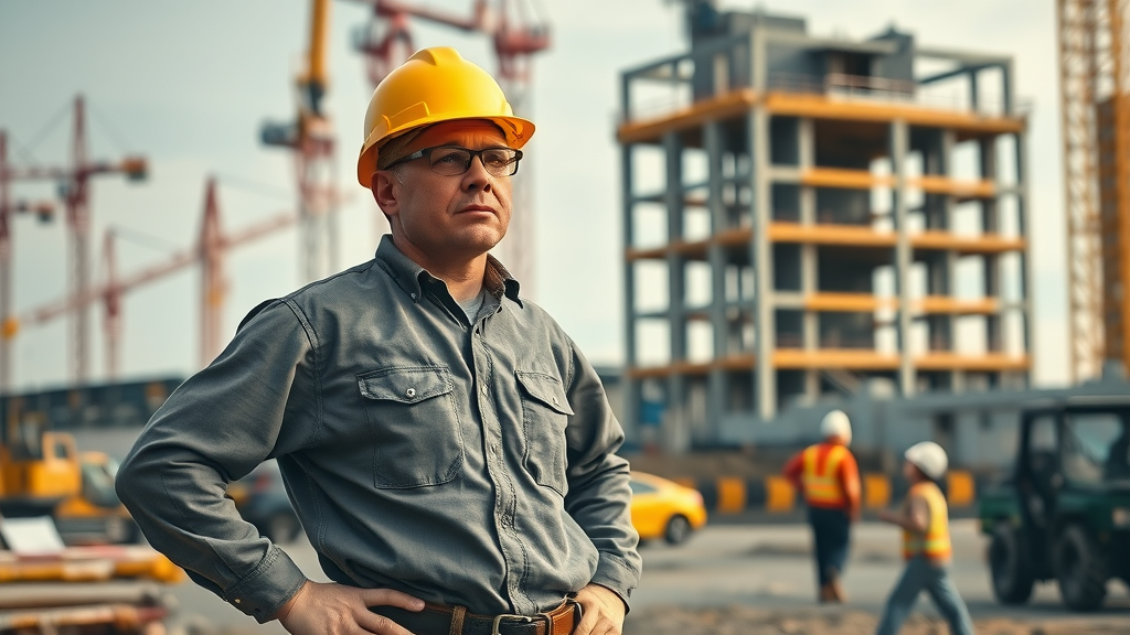 Concerned construction foreman standing on construction site with cranes and structures, showing the pressure of attracting top construction talent