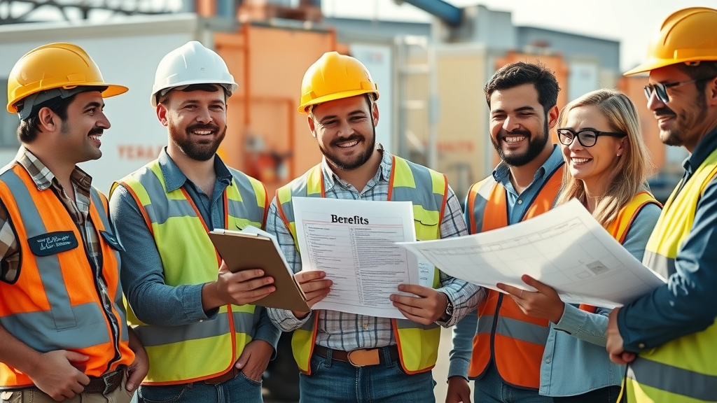 Diverse construction workers reviewing benefits checklist, symbolizing benefits packages that attract and retain top talent