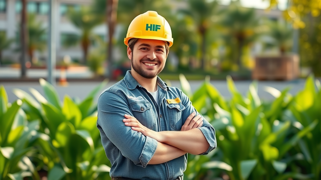 Happy construction worker with company-branded hard hat, showing pride in wellness program success