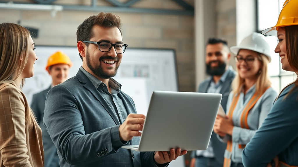 Enthusiastic construction recruiter conducting group interview, reflecting strategies to attract and retain top talent with strong benefits packages