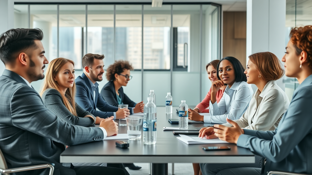 Insightful business meeting showing engaged diverse group of professionals discussing employee recognition strategies in a modern, bright office - make employees feel valued without overextending the budget
