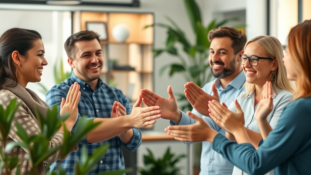 Appreciative team interaction - smiling employees congratulating a colleague after successful project - employee appreciation and engagement activities in budget-friendly work environment
