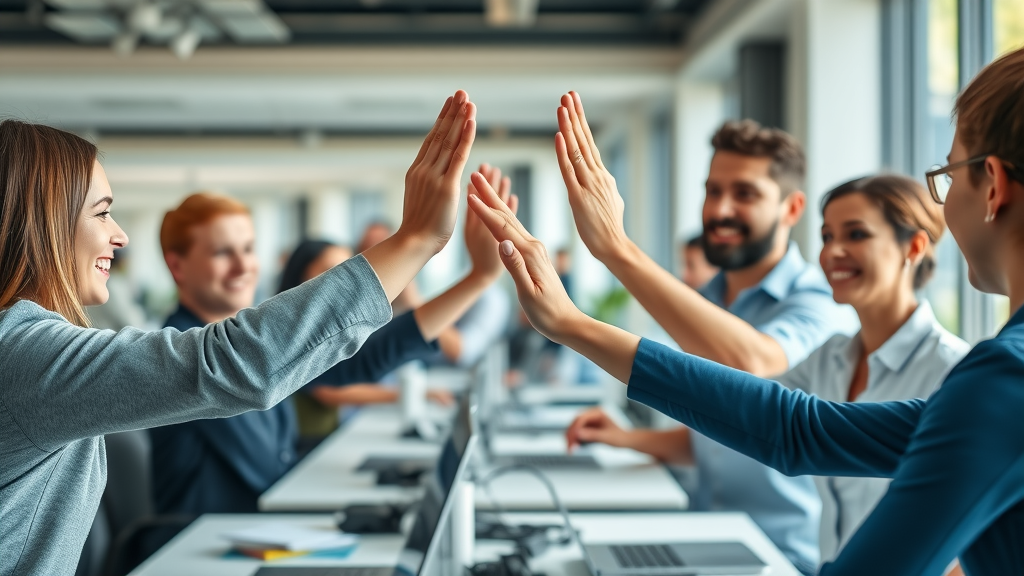 Supportive workplace - employees exchanging high-fives and peer recognition gestures in open office celebrating team achievements at no extra cost
