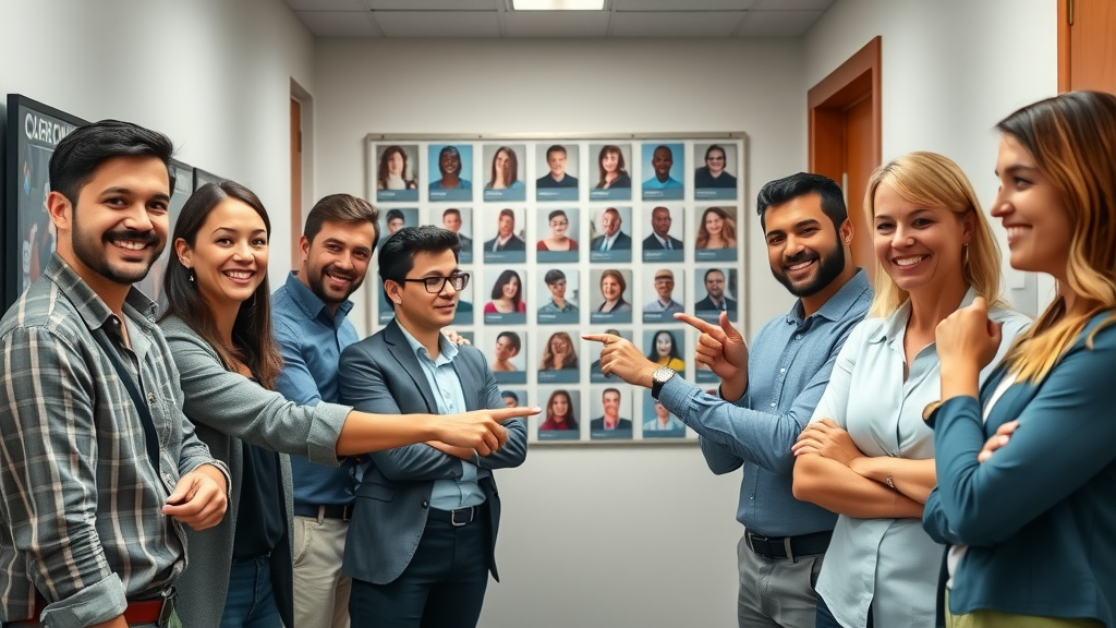 Employee recognition board in office corridor - proud, confident employees engaging with wall of fame - public recognition of employees feel valued without overextending the budget