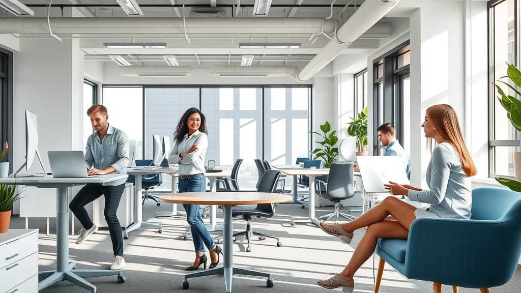 Modern flexible office with employees using different workstations - flexible scheduling as employee benefit encouraging work-life balance