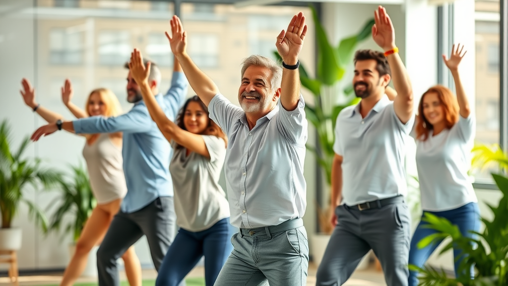 Office wellness break - employees participating in group stretch and wellness initiatives for employee engagement