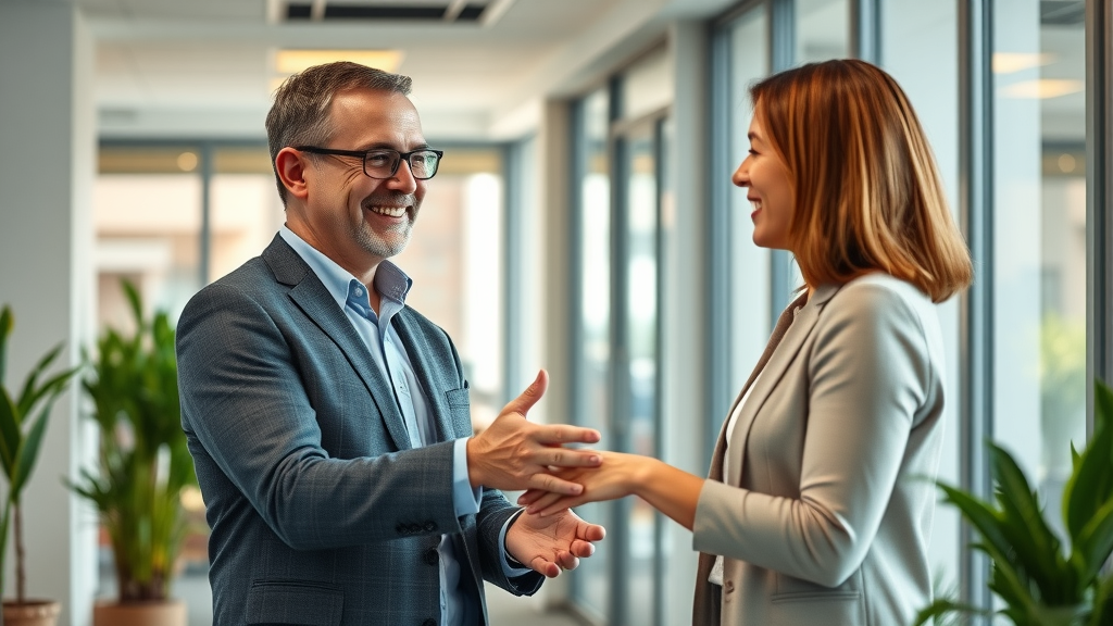 Friendly office culture - manager warmly greeting employee in modern office entry, demonstrating simple, cost-effective employee appreciation routines.