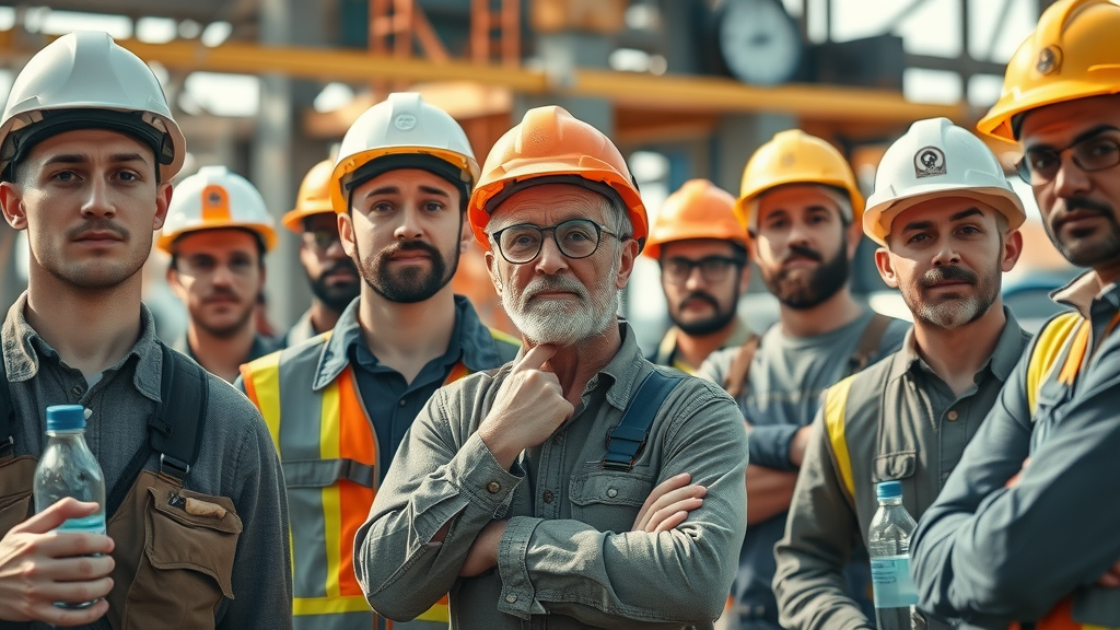 Insightful construction worksite with a diverse group of construction workers on break – some visibly tired, some alert, at a busy site with safety gear, water bottles, and a visible clock. Emphasizes importance of why fatigue management is critical for construction profitability.