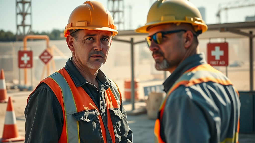 Concerned safety inspector guiding a tired worker to a shaded break area, highlighting fatigue management for worker safety on construction sites.