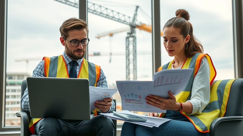 Dynamic construction finance team analyzing incident cost data to highlight the financial benefits of fatigue management in construction companies.