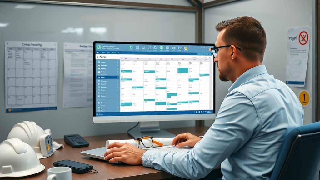 Organized scheduling workspace with a project manager organizing construction crew shifts using digital software, underscoring the value of optimized work schedules.