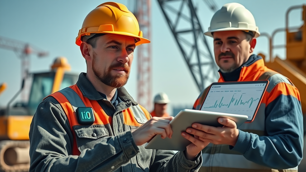 Innovative technology demo featuring a construction worker wearing a fatigue-monitoring wearable and a supervisor reviewing real-time workforce data, illustrating tech-driven fatigue management in construction.