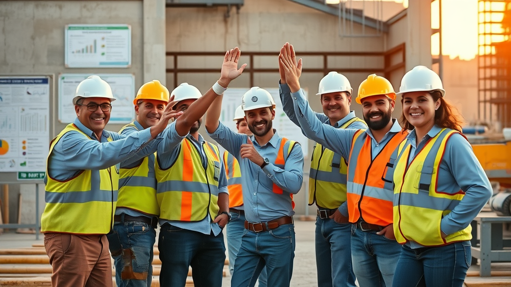 Success-focused construction team celebrating improved worker safety and productivity thanks to effective fatigue management in construction.