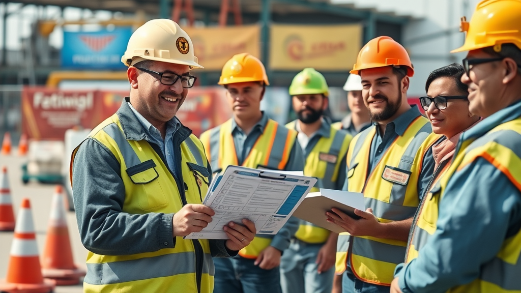 Clear safety focus with a site supervisor checking a rested crew using a fatigue policy checklist, reinforcing positive outcomes of fatigue management in construction.