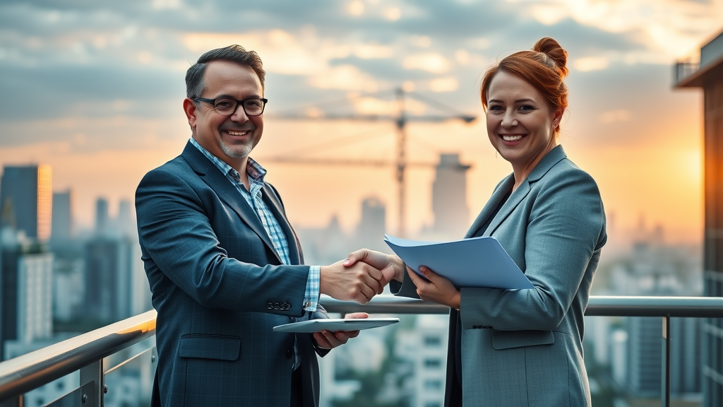 Modern leadership team—CEO and CFO shaking hands over a new fatigue management policy, highlighting executive commitment to worker safety and profitability in construction.